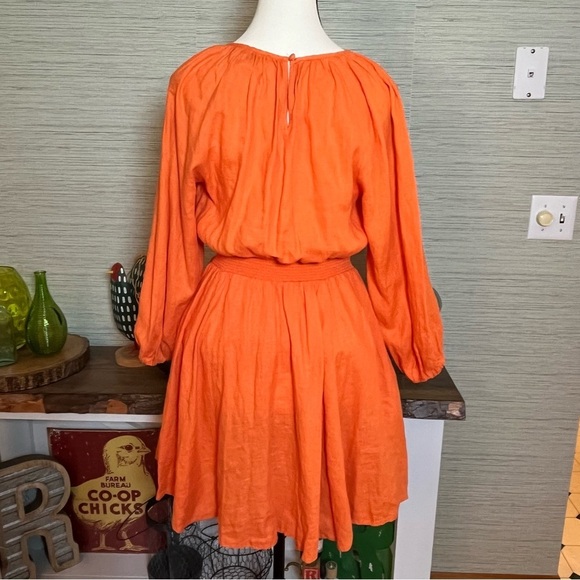 J Crew Palermo Smocked Waist Mini Dress 100% Linen 3/4 Sleeve Orange Size XS - Picture 5 of 6